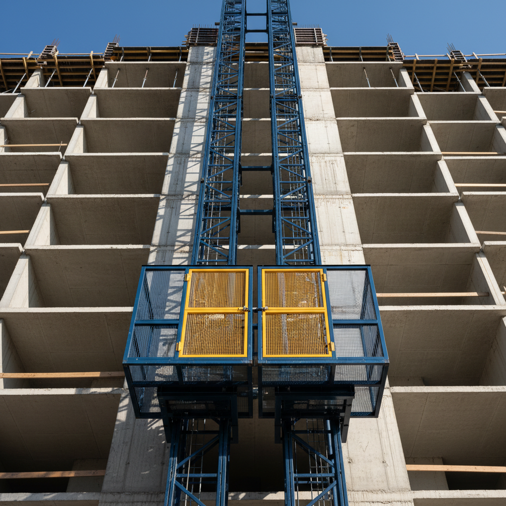 Twin cages mounted on a shared construction hoist mast alongside a concrete high-rise under construction