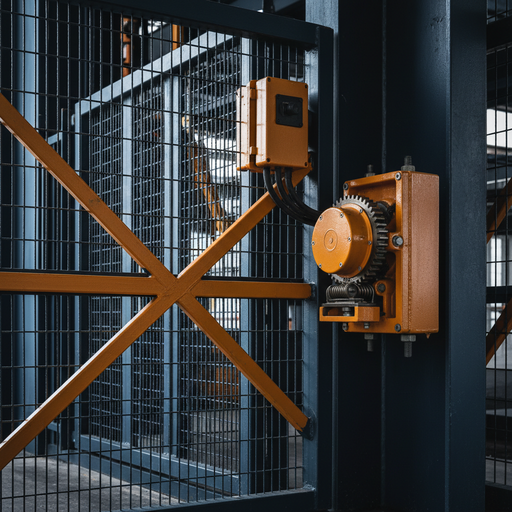 Detail of construction hoist safety hardware including an interlocked landing gate, mesh enclosure panel and overspeed governor housing